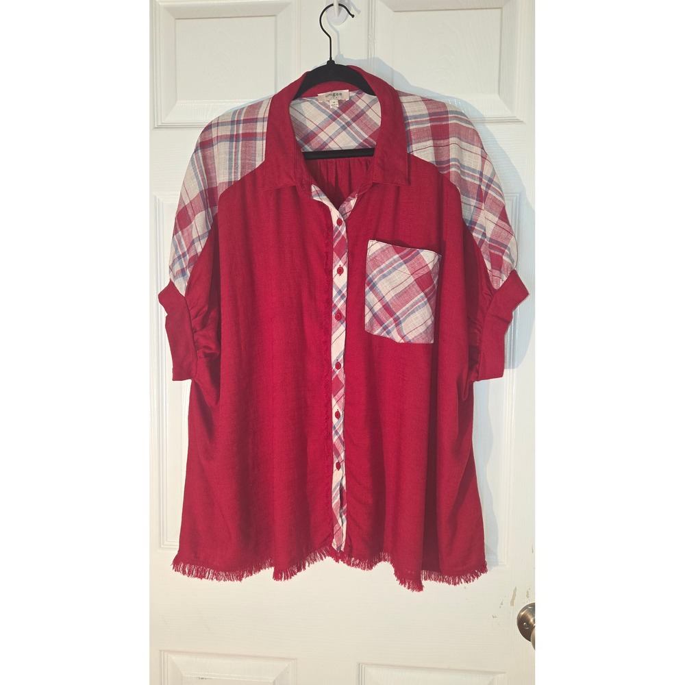 Umgee USA Red Plaid Contrast Linen Blend Frayed Hem Button Down Top Medium K7469